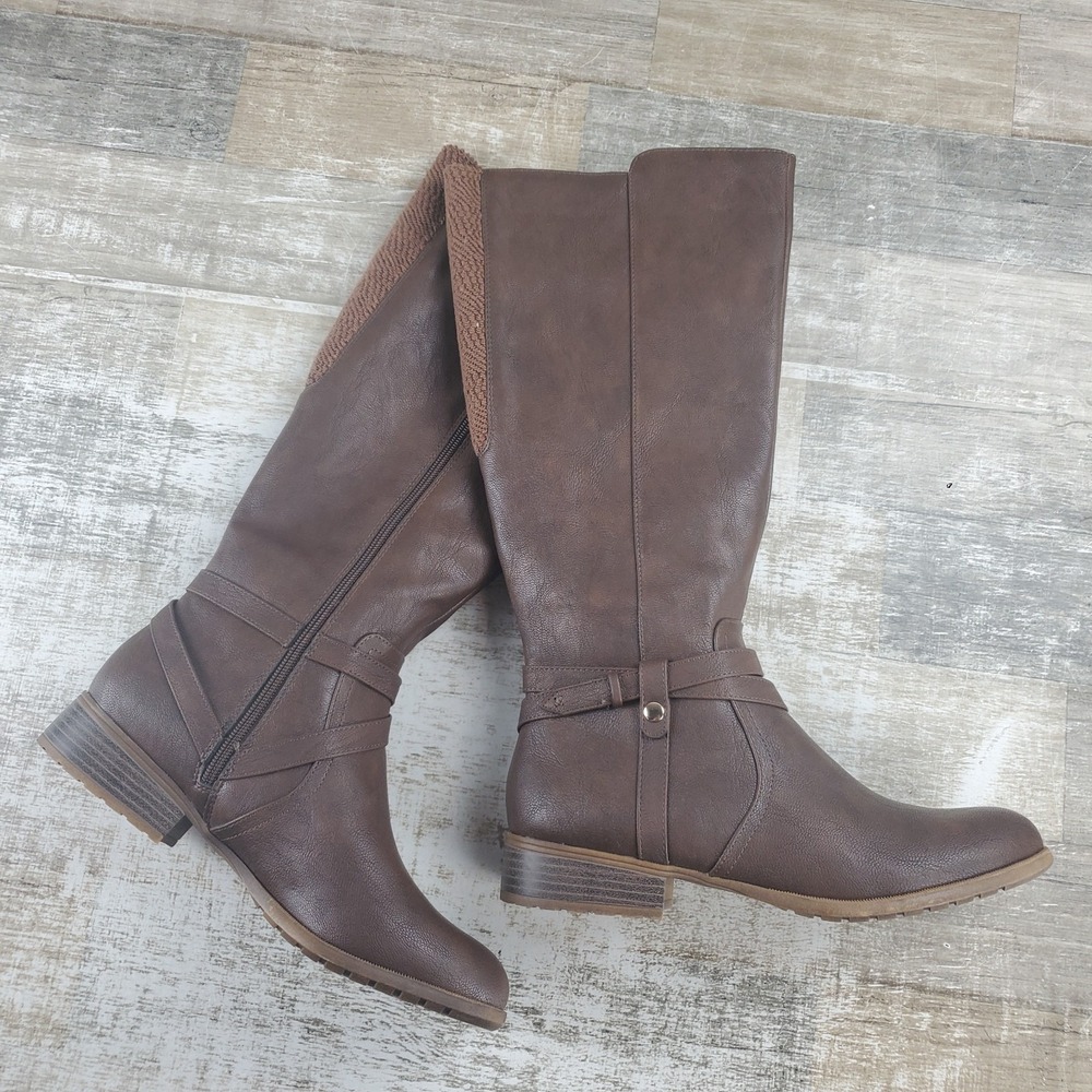LifeStride Xtrovert Womens Calf Riding Boots Sz 9.5 M Dark Tan Leather Side Zip